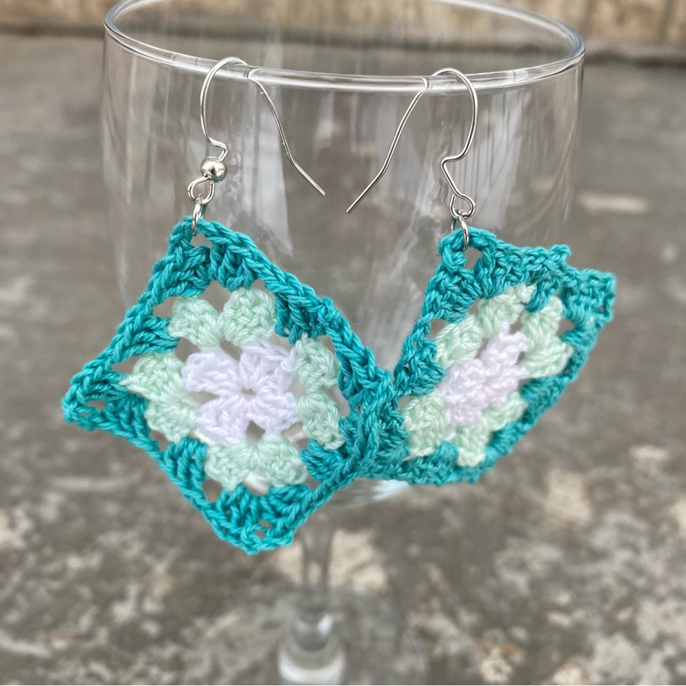 Crochet Granny Square Earrings - Turquoise Mint - Picture 4 of 7